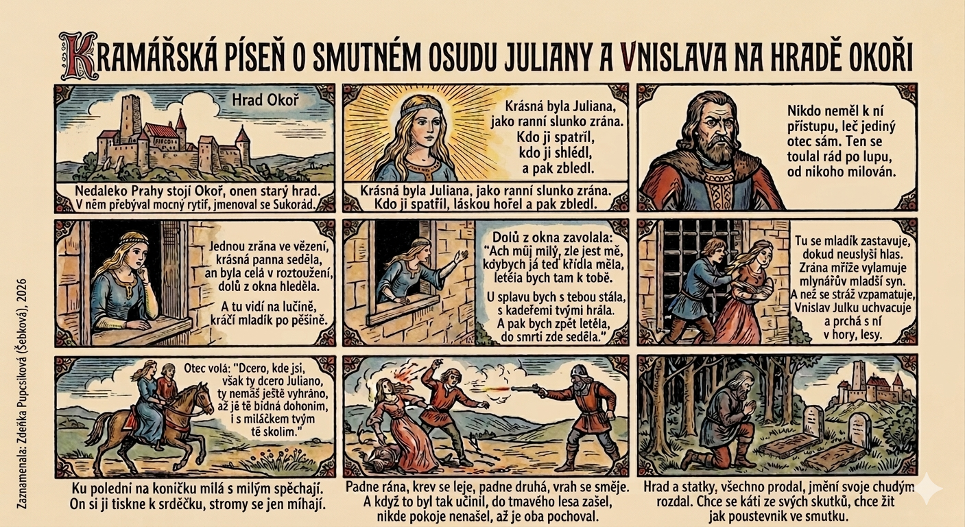 Kramářská píseň o smutném osudu Juliany a Vnislava na hradě Okoři — obrázkový komiks